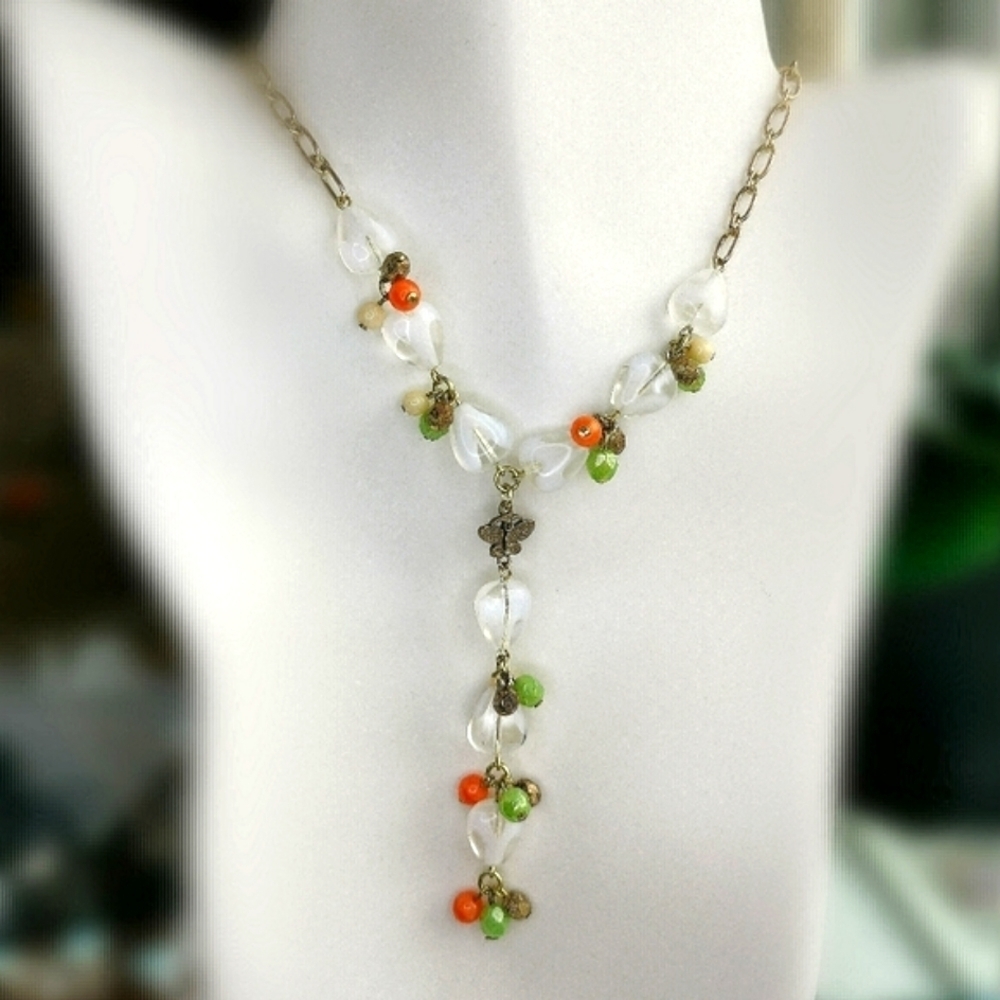Vintage Czech handmade beaded white milk glass butterfly necklace earring set